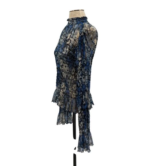 Free People Hello There Top Blouse Smocked Flare Sleeve Mesh Floral Blue Large - Picture 7 of 11